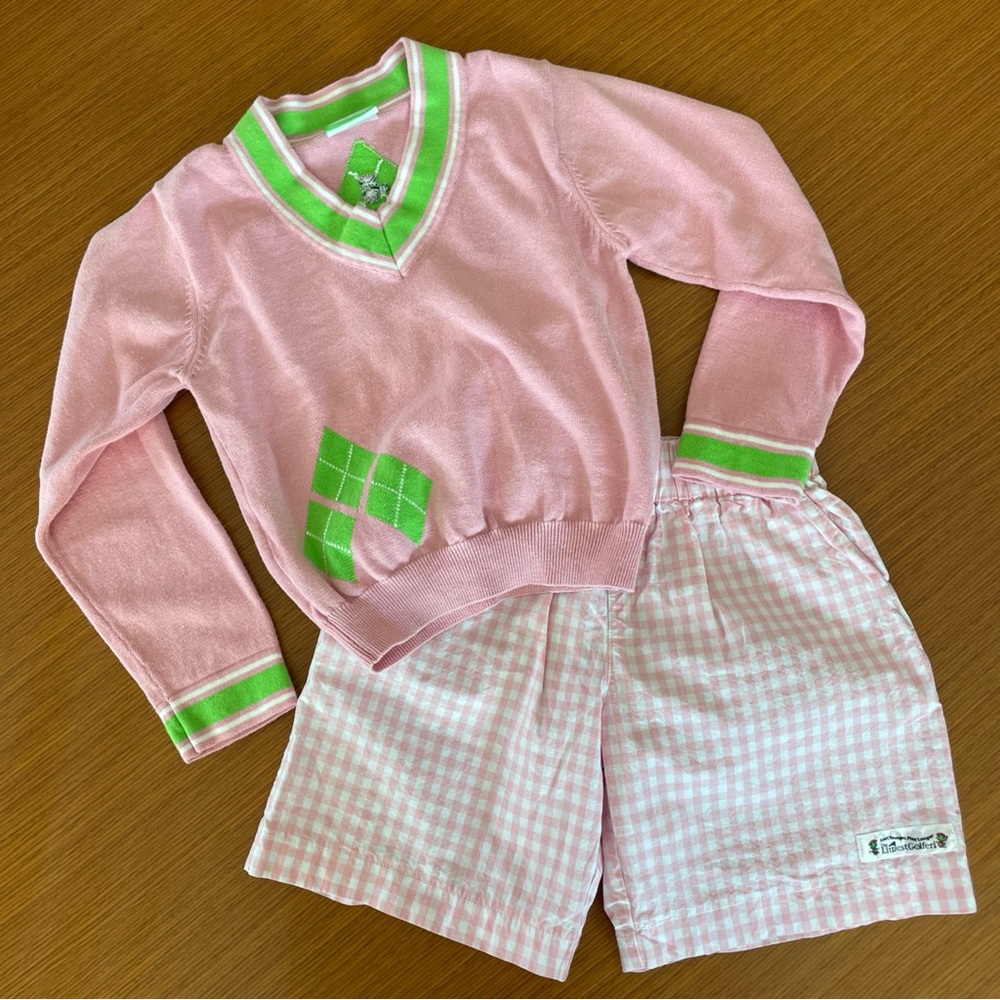 The Littlest Golfer Girl Small Matching Argyle Preppy Gingham Pink Outfit